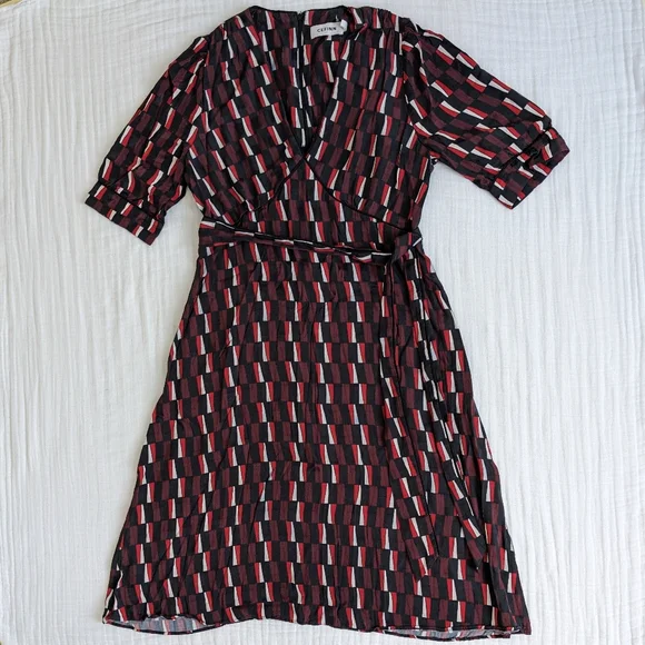 Cefinn Satin Midi Dress 14 Geometric Print V-Neck Waist Tie Work Office Classic - Picture 4 of 13